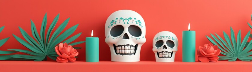 Decorative skulls and candles on a vibrant shelf