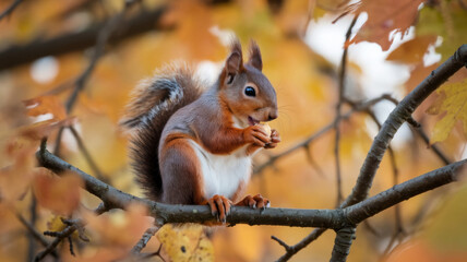 Fototapeta premium Squirrel sits on a branch and holds a nut with vibrant autumn leaves in a blurred background. Captured in a natural setting, it conveys the essence of fall.