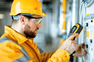 A worker in a bright yellow safety jacket and hard hat carefully examines electrical equipment with a testing device, ensuring proper functionality in a busy industrial setting