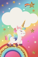 Cute unicorn birthday party invitation card. Vector