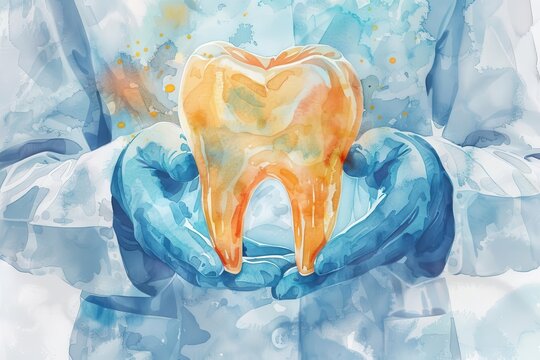 watercolor style, Dentist holding a golden tooth in watercolor, dentist care, investment opportunity illustration
