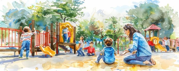 Obraz premium Watercolor style, early childhood educator playing with children on playground, Early Childhood Education, playful concept
