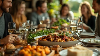 Friends passing dishes around the table during a Thanksgiving meal