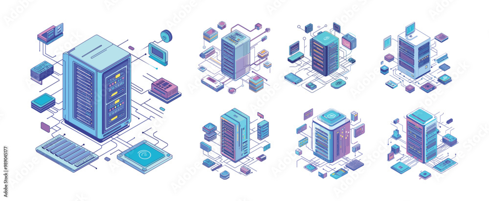 Poster servers isometric vector set. hardware data storage rigs information computer racks, internet web ho