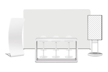 Trade show booth display kit mock-up. Expo tradeshow set template. Backdrop banner, exhibition table counter, swivel bar chairs, snake banner standee, LCD TV monitor. Realistic 3d vector mockup