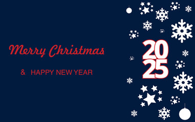 A christmas and happy new year greeting card with text and ornaments on a blue background