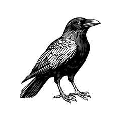 Fototapeta premium Raven black linocut vector illustration isolated on white background Crow Flat Logo Icon Clipart engraving bird vintage illustration