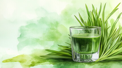 Green wheatgrass shot in a small glass, surrounded by fresh wheatgrass blades, with a vivid green watercolor background to emphasize detox and vitality, Generative AI