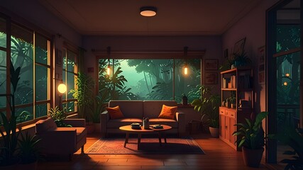Colorful Lofi Empty Interior_ Anime Manga Style with Jungle View, Cozy Chill Vibes, and Hip-Hop Atmospheric Lights - 4k Wallpaper