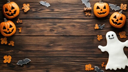 A festive flat-lay composition with Jack-o'-lantern cookies, Halloween decorations, and ghost costumes on a wooden table with ample copy space for text 