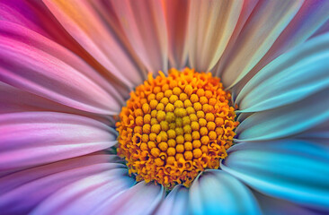 A close-up of the center, rainbow-colored petals of an African daisy flower.