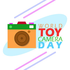 Obraz premium World Toy Camera Day celebrates on third Sunday of October. A colorful camera toy with bold text on a white background.