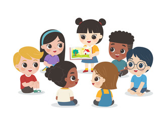 A Girl talks to  friends sit on floor in circle and listen to her, listening intently.