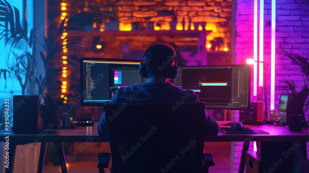 Poster timelapse of a content creator editing videos in a dark room illuminated by rgb lights, [content cre