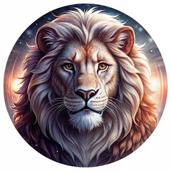 Majestic lion print design featuring a regal lion portrait against a cosmic background