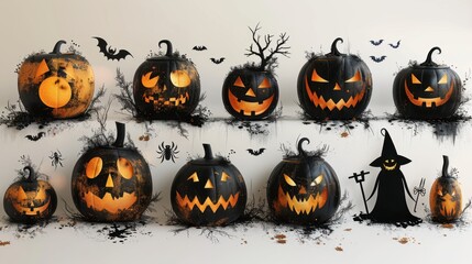 Design black silhouette illustrations of Halloween Scary Turtle in various activities ,with bold lines and simple design, placed on a white background 