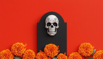 Skull decor with marigolds on red background