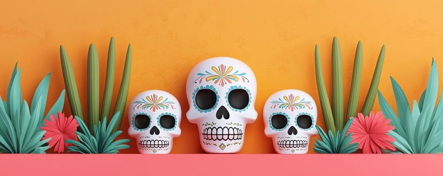Colorful sugar skulls on vibrant background