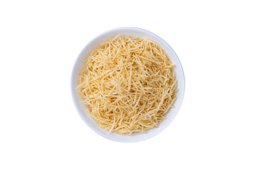 Potato straw or shoestring potato in a bowl isolated over white background
