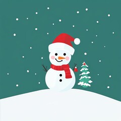 A minimalist Christmas Eve scene with Santa's sleigh and a snowman.   The snowman is built with care, Christmas tree, socks and bells are set against a simple background.  There is a festivals sense.
