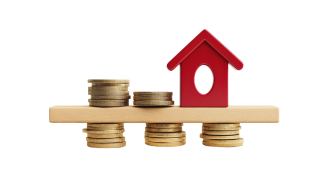 Red house model on stacked coins, symbolizing real estate investment. transparent background.
