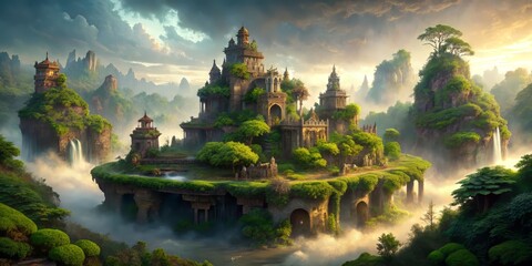 Obraz premium Mystical foggy island with lush greenery, ancient ruins, and an air of mystery, bathed in soft, eerie light, transporting the viewer to a fantastical world