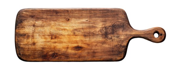 Wooden cutting board, rustic design on white isolated background. transparent background.