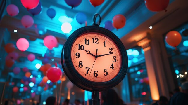 A vibrant countdown clock set against a backdrop of a New Year party, as guests prepare for the momentous occasion of welcoming 2025.