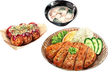 Takoyaki miso soup, chicken tonkattsu, gyoza japanese food, watercolor painting hand-drawn illustration