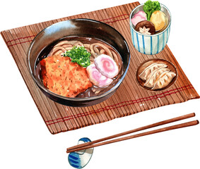 Udon pork katsu soyu, gyoza, simono clear soup Japanese food with chopsticks, watercolor painting hand-drawn illustration