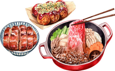 Unadon, Grilled eel, Sukiyaki, Takoyaki, watercolor painting hand-drawn illustration