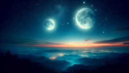 A beautiful night sky with two full moons and a few stars. The moon is in the middle of the sky and the other one is on the right side. The sky is dark and the stars are shining brightly