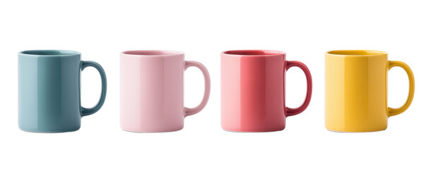 Colorful coffee mugs in pastel shades against a white background. transparent background.