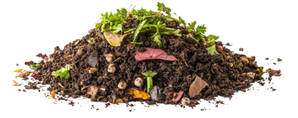 Organic compost pile with leaves and grass, isolated on white background. transparent background.