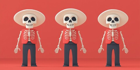 Three skeleton figurines wearing sombreros on red background