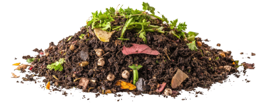 Organic compost pile with leaves and grass, isolated on white background. transparent background.