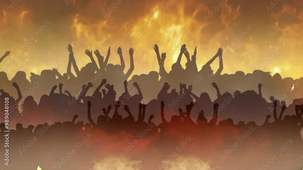 Poster dancing or writhing in hellfire 4k loop features silhouettes of people dancing in flames in a loop.
