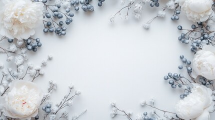 A serene arrangement of white peonies and berries on a light background, perfect for invitations.