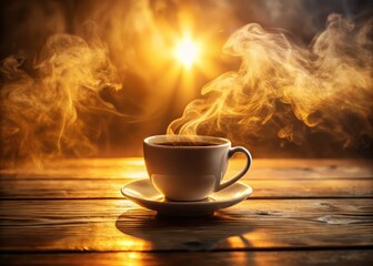 swirling fog surrounding a steaming cup of hot coffee on a misty morning, with golden light filtering through the steam, accentuating the aroma and warmth