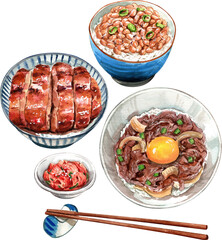 Gyudon beef with york egg, Grilled eel nigiri,Rice topped with natto Japanese food, watercolor painting hand-drawn illustration