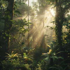 Obraz premium Serene Sunlit Forest with Lush Green Undergrowth - Peaceful Woodland Landscape