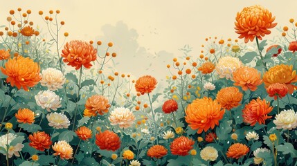 Design Pop Color illustrations of Chrysanthemum in various activities ,with bold lines and simple design, placed on a white background 