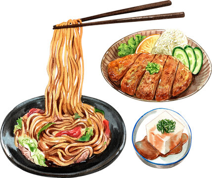 Yakisoba, Tonkatsu, hiyayakko tofu suace Japanese Food, watercolor painting hand-drawn illustration