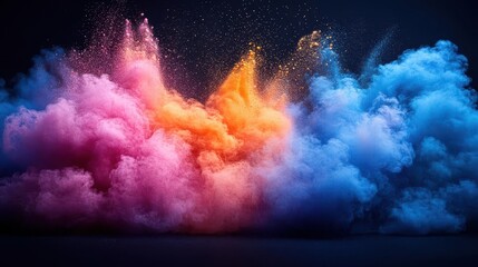 ethereal explosion of vibrant holi powder creating a mesmerizing cloud of pastel colors frozen in time against a black background