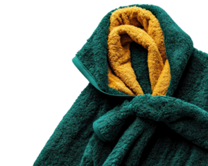 Cozy teal robe with yellow inner lining, perfect for relaxation and comfort. transparent background.