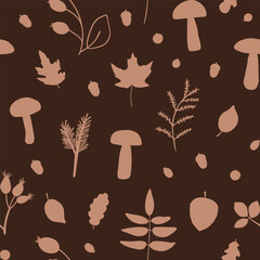Vector seamless pattern with branches, mushrooms and leaves on brown background. For wallpapers, fall decoration, invitation card, fabric, textile, linen print, kitchen towels, jotter cover.