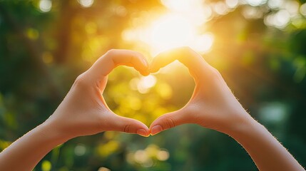 Two hands forming a heart shape against a bright sunny background, representing unity, care, and positive emotions.