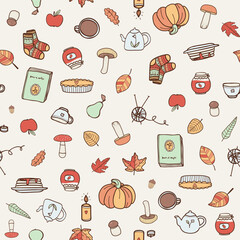 Cute seamless pattern with autumn items pumpkin, apple, pie, mushroom, socks, leaves. For fall decoration, autumn fest invitations, fabric, kitchen textile and cover print, gift and wrapping paper.