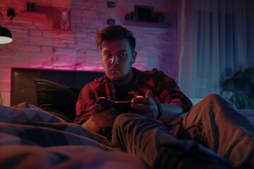 Fototapeta premium Amidst soft lighting and a relaxed atmosphere, a young man sits comfortably on his bed, engrossed in an intense gaming session on his console, showcasing sheer concentration.