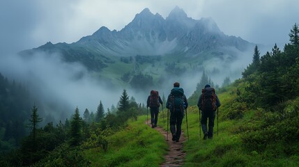 Obraz premium Hikers on Misty Mountain Trail Adventure